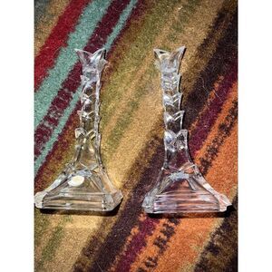 Lead Crystal Palm Tree Candlestick Holder Pair‎ 8 1/2" Tall